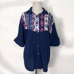 Navy Blue Western Geometric Button Up